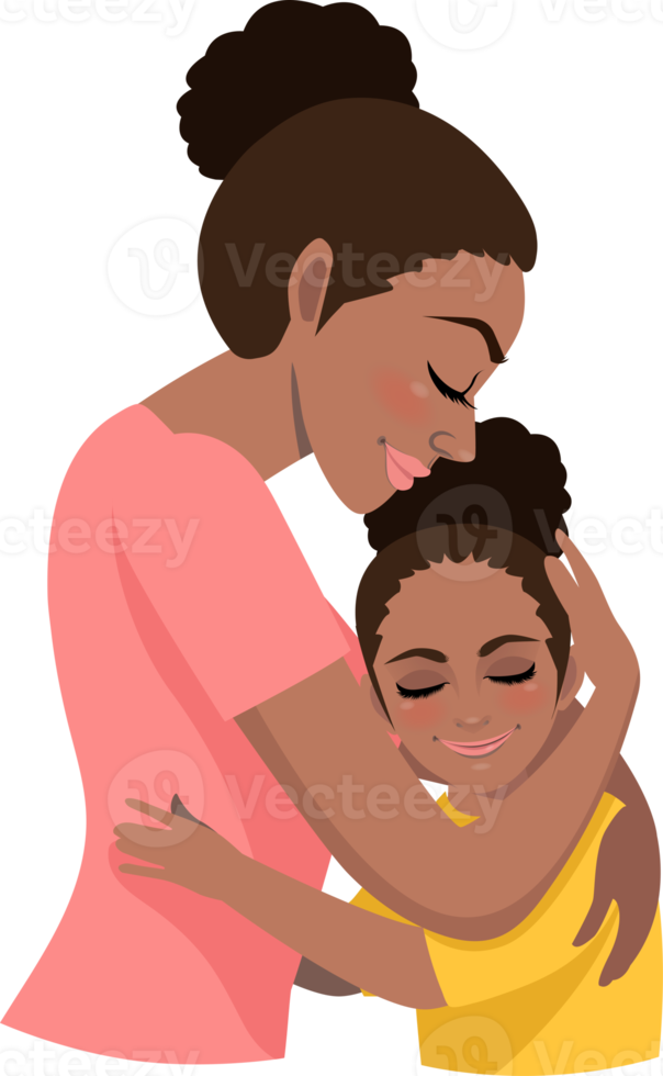 Cartoon character with African American mom and daughter embrace. Mother s day background png