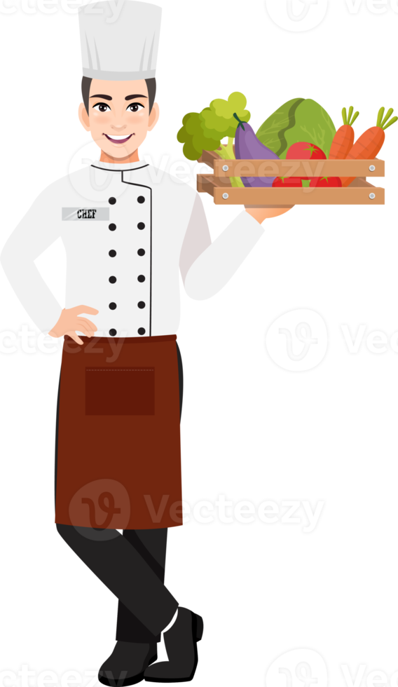 professionnel chef en portant légume panier personnage conception clipart png