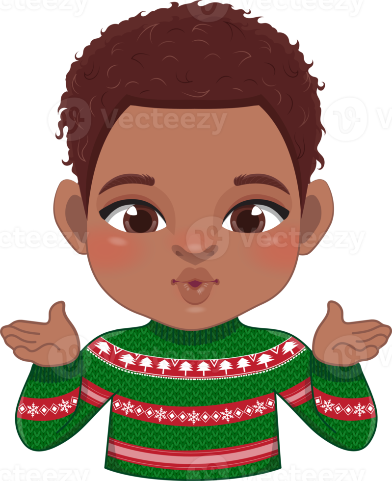 allegro Natale cartone animato design con eccitare africano americano ragazzo indossare un' verde e rosso maglione cartone animato png