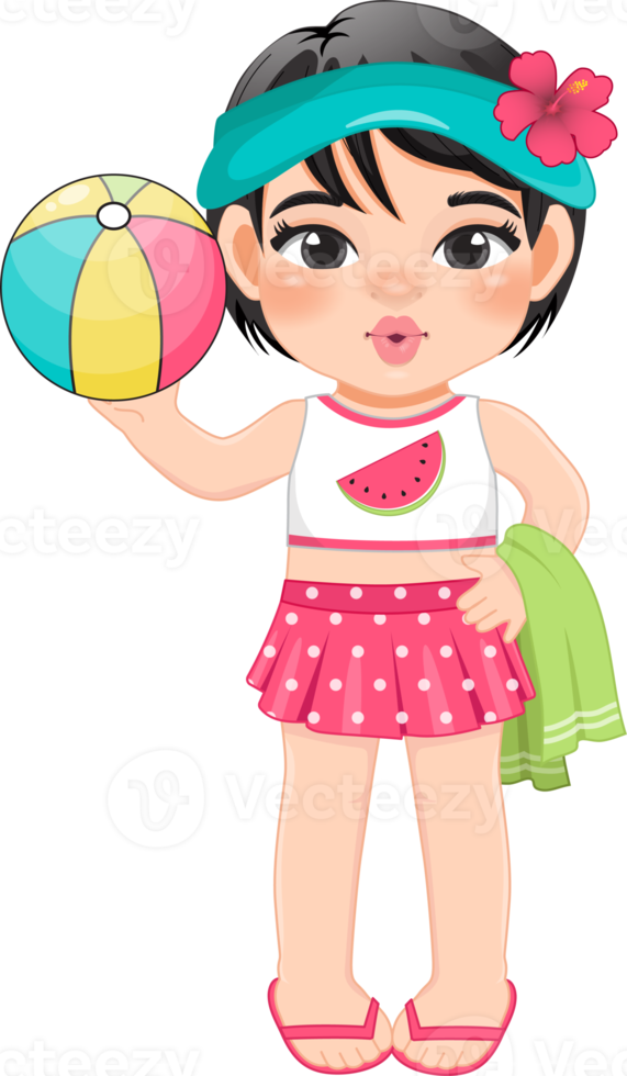 Beach girl in summer holiday. Kid holding colorful ball cartoon character design png