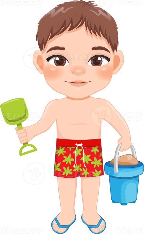Beach black boy in summer holiday. Kid holding sand bucket cartoon character design png