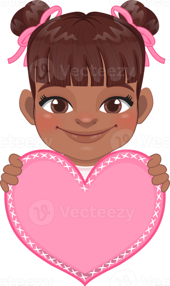 Cute little American African Girl Holding Pink Heart Happy Kids Celebrating Valentine s Day Cartoon Character Design png