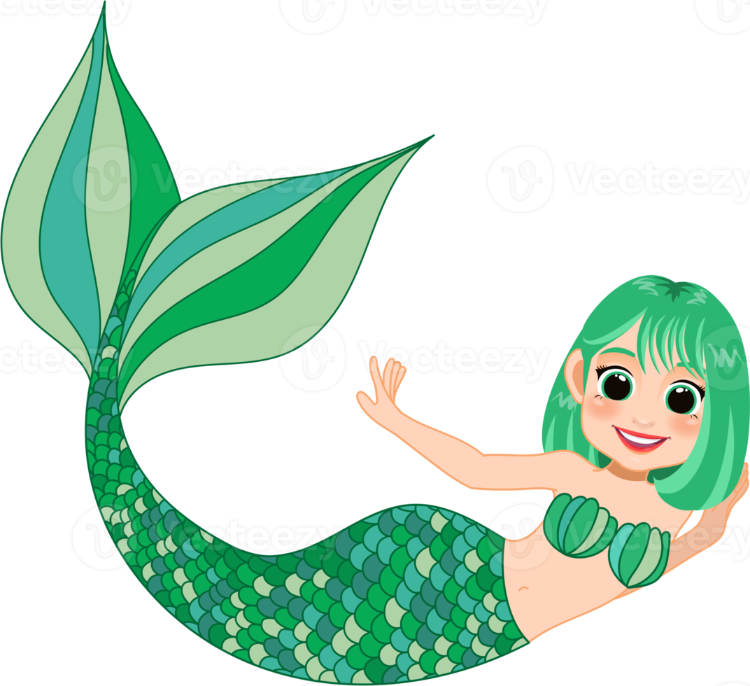 Cartoon character with cute mermaid princess with colorful hair and tail png