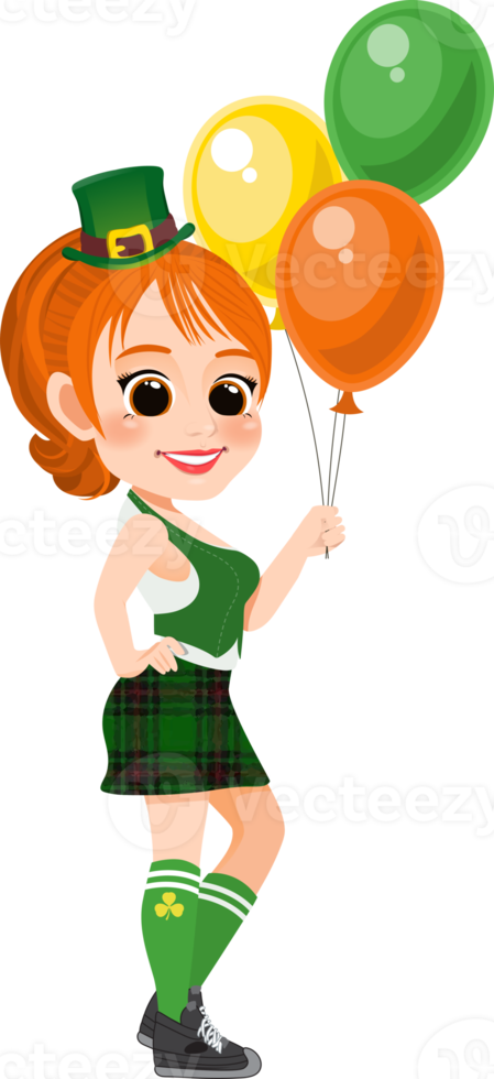 Lycklig helgon Patricks dag med Söt pyssling flicka med irländsk ballong. tecknad serie karaktär flicka png