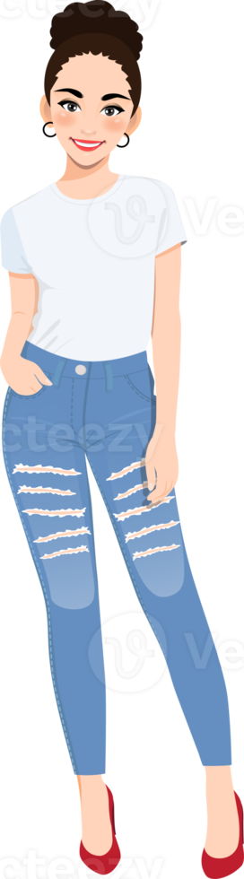 lindo menina dentro branco Camisetas e azul jeans png