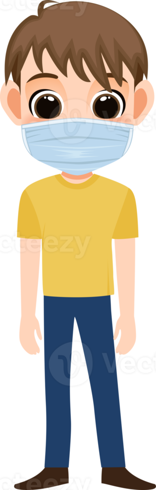 Cute boy wearing face mask front side cartoon character flat icon PNG