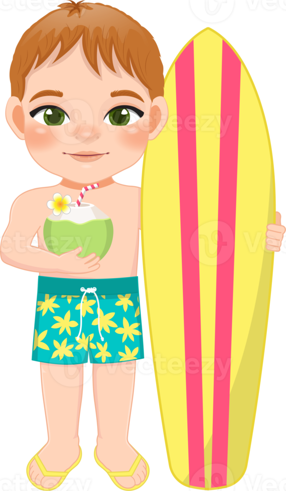 plage garçon dans été vacances. des gamins en portant planche de surf et noix de coco jus dessin animé personnage conception png