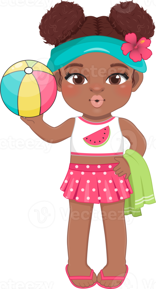 de praia Preto menina dentro verão feriado. americano africano crianças segurando colorida bola desenho animado personagem Projeto png