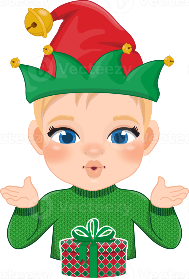 fröhlich Weihnachten Karikatur Design mit anregen Mädchen tragen ein Grün Sweatshirt und Geschenk Box Karikatur png