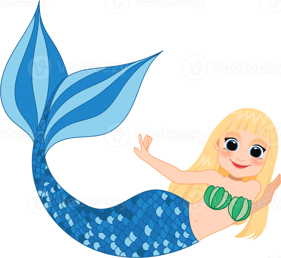 Cartoon character with cute mermaid princess with colorful hair and tail png