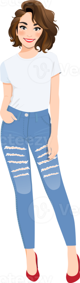 Beautiful girl in white T-shirts and blue jeans png