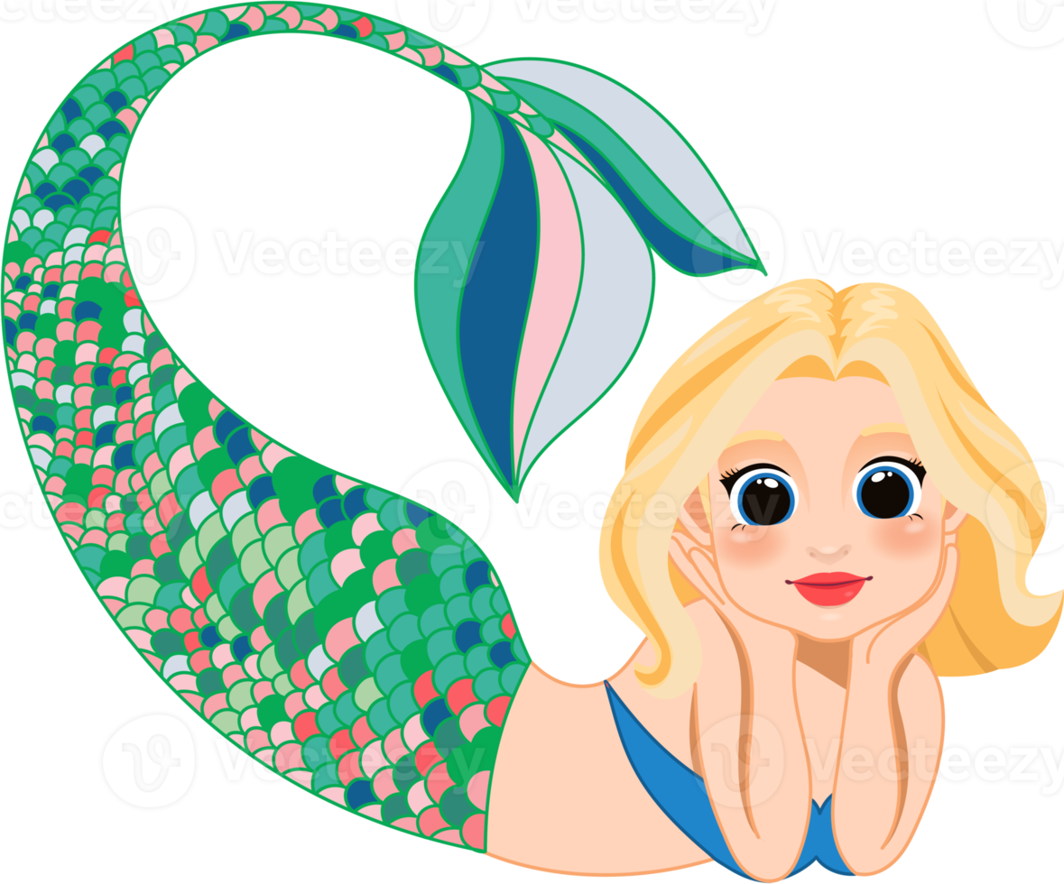 Cartoon character with cute mermaid princess with colorful hair and tail png
