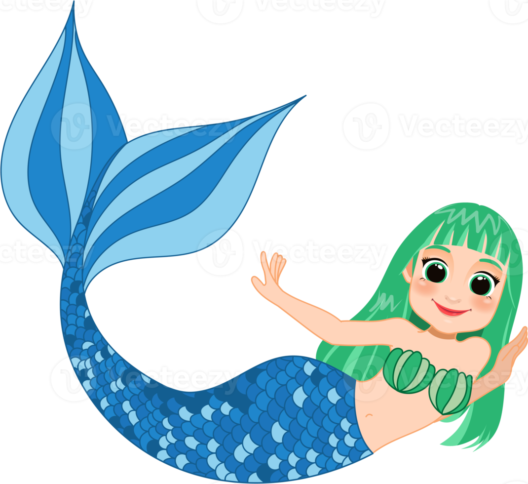 Cartoon character with cute mermaid princess with colorful hair and tail png