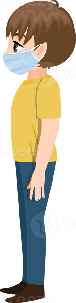 Cute boy wearing face mask side view cartoon character flat icon PNG