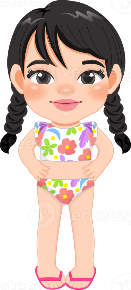 Karikatur glücklich wenig Zopf Mädchen im ein Sommer- Badeanzug png