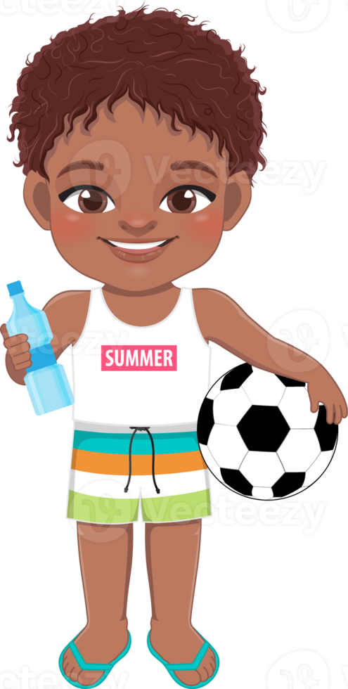 Beach black boy in summer holiday. African American kids holding football and water bottle cartoon character design png