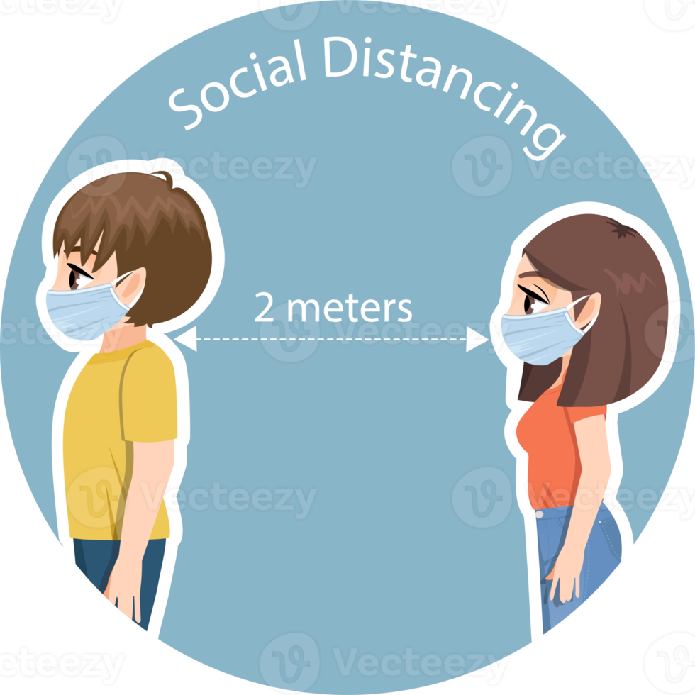 Social Distancing with boy and girl side view cartoon character flat icon PNG
