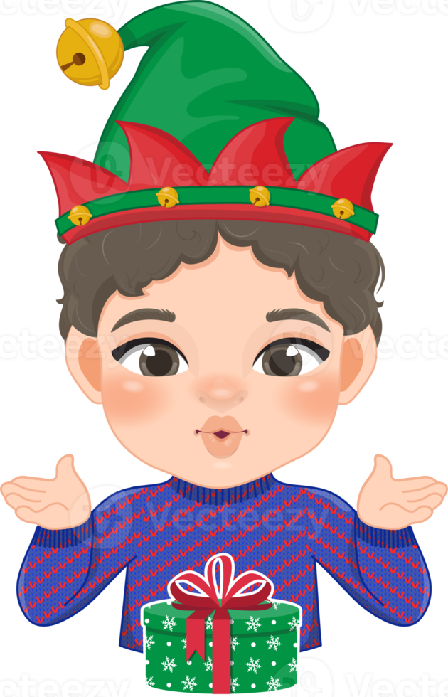 Merry Christmas cartoon design with Excite boy wear a purple sweater and gift box cartoon png