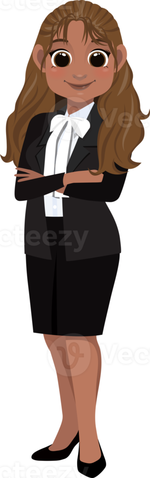 Flat icon with African American cute businesswoman cartoon character in office style smart black suit and crossed arms pose. png