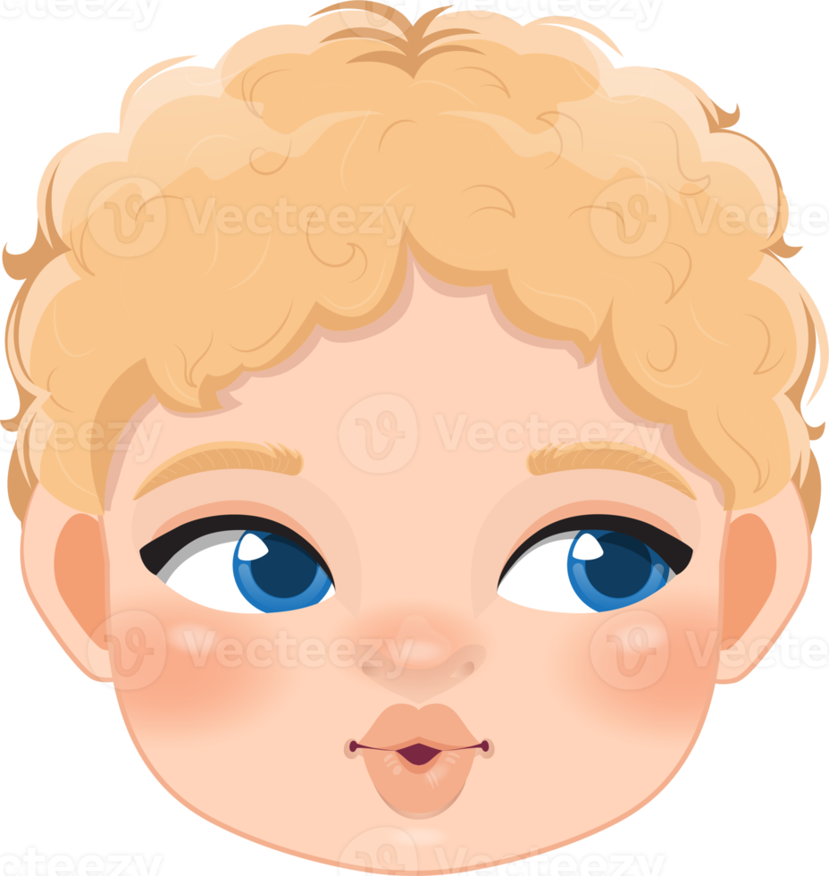 Cute Boy Face and Blonde Hair Lips Kissing , Roll eyes to the Right Hand Cartoon Character Design png