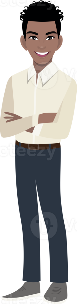 Flat icon with African American businessman cartoon character in office style smart shirt and crossed arms pose png