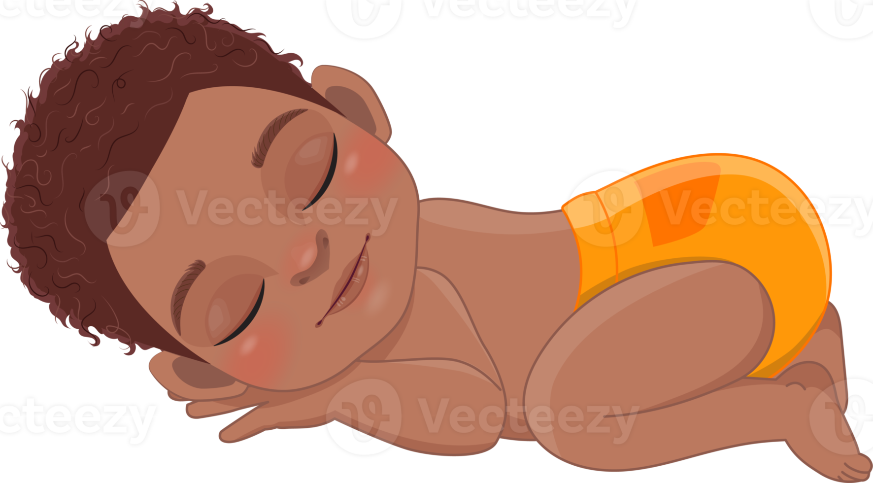 Cartoon character sleeping black baby boy wearing orange ruffled diaper cartoon png