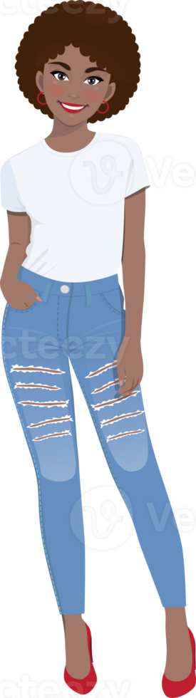 africano americano menina dentro branco Camisetas e azul jeans png