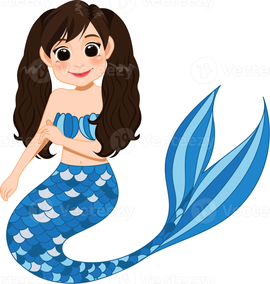 Cartoon character with cute mermaid princess with colorful hair and tail png