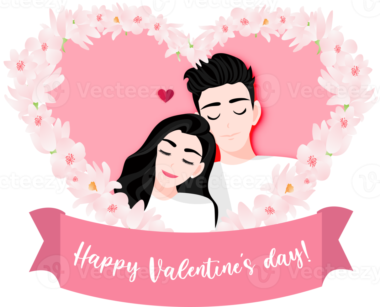 Valentine s Day festival with a couple relax pose in pink flower heart shape banner cartoon character png