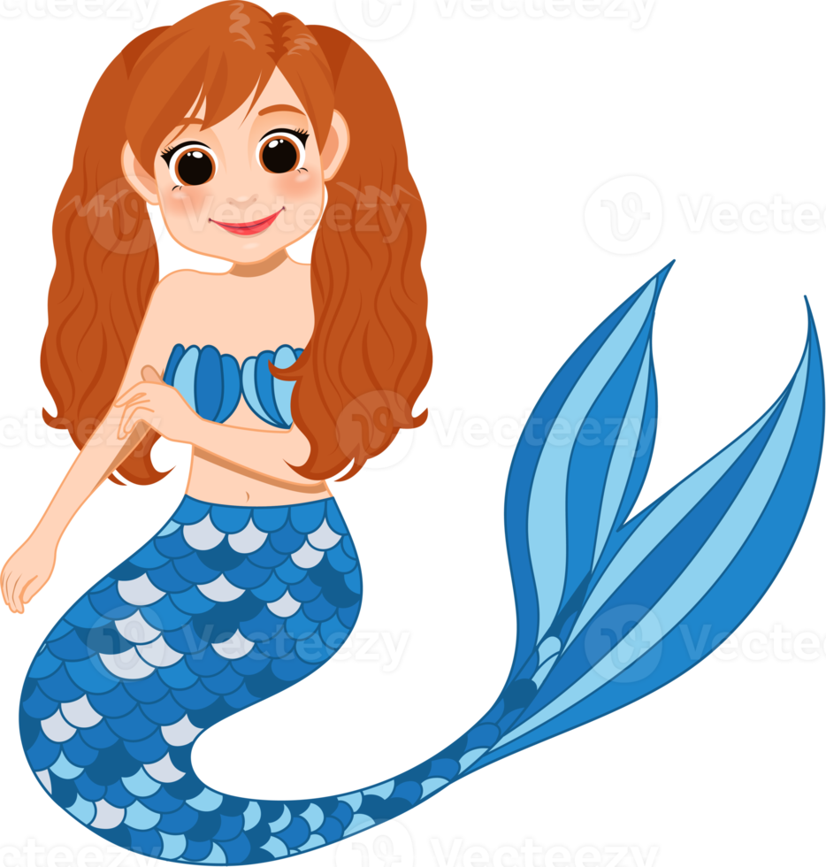 Cartoon character with cute mermaid princess with colorful hair and tail png