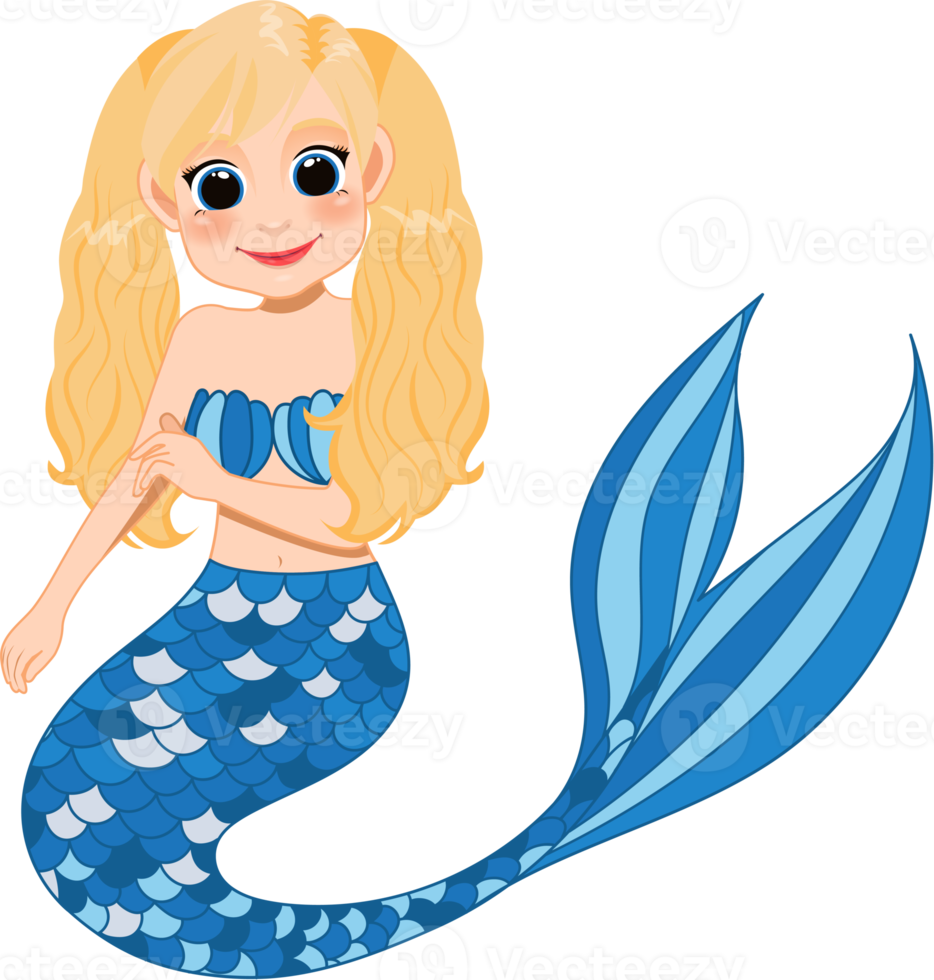 Cartoon character with cute mermaid princess with colorful hair and tail png