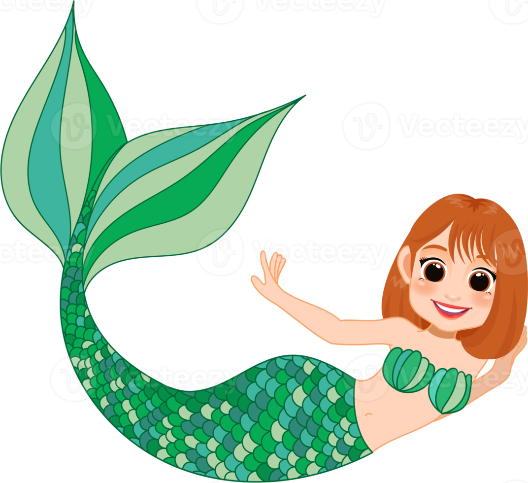 Cartoon character with cute mermaid princess with colorful hair and tail png