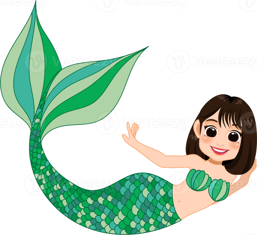 Cartoon character with cute mermaid princess with colorful hair and tail png