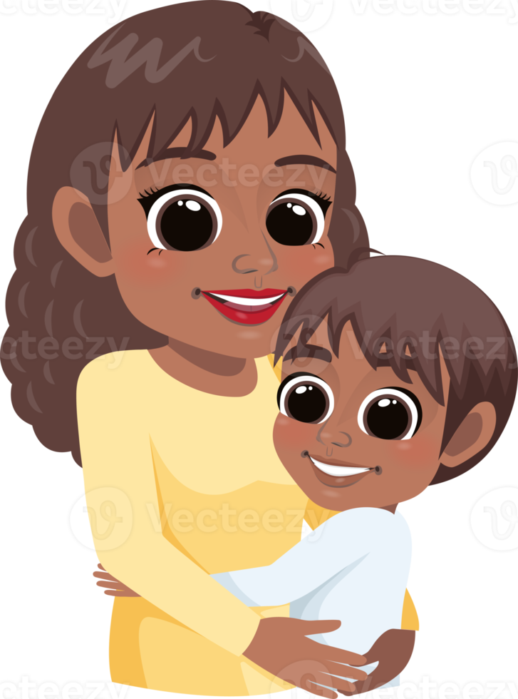 desenho animado personagem com africano americano mãe e filho abraçar. mãe é dia conceito png