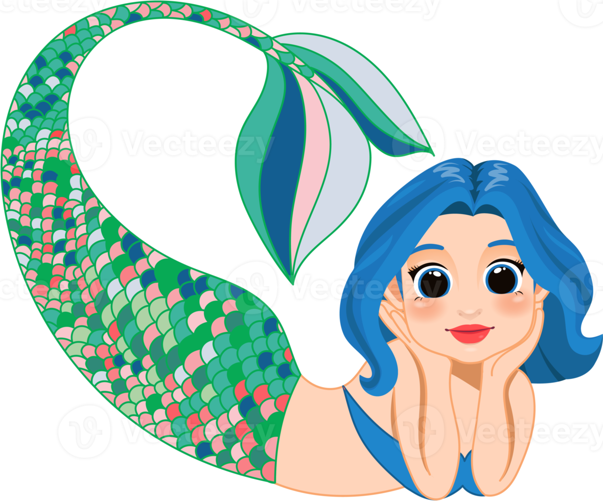 Cartoon character with cute mermaid princess with colorful hair and tail png