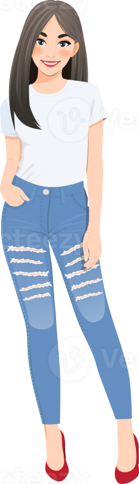 lindo menina dentro branco Camisetas e azul jeans png