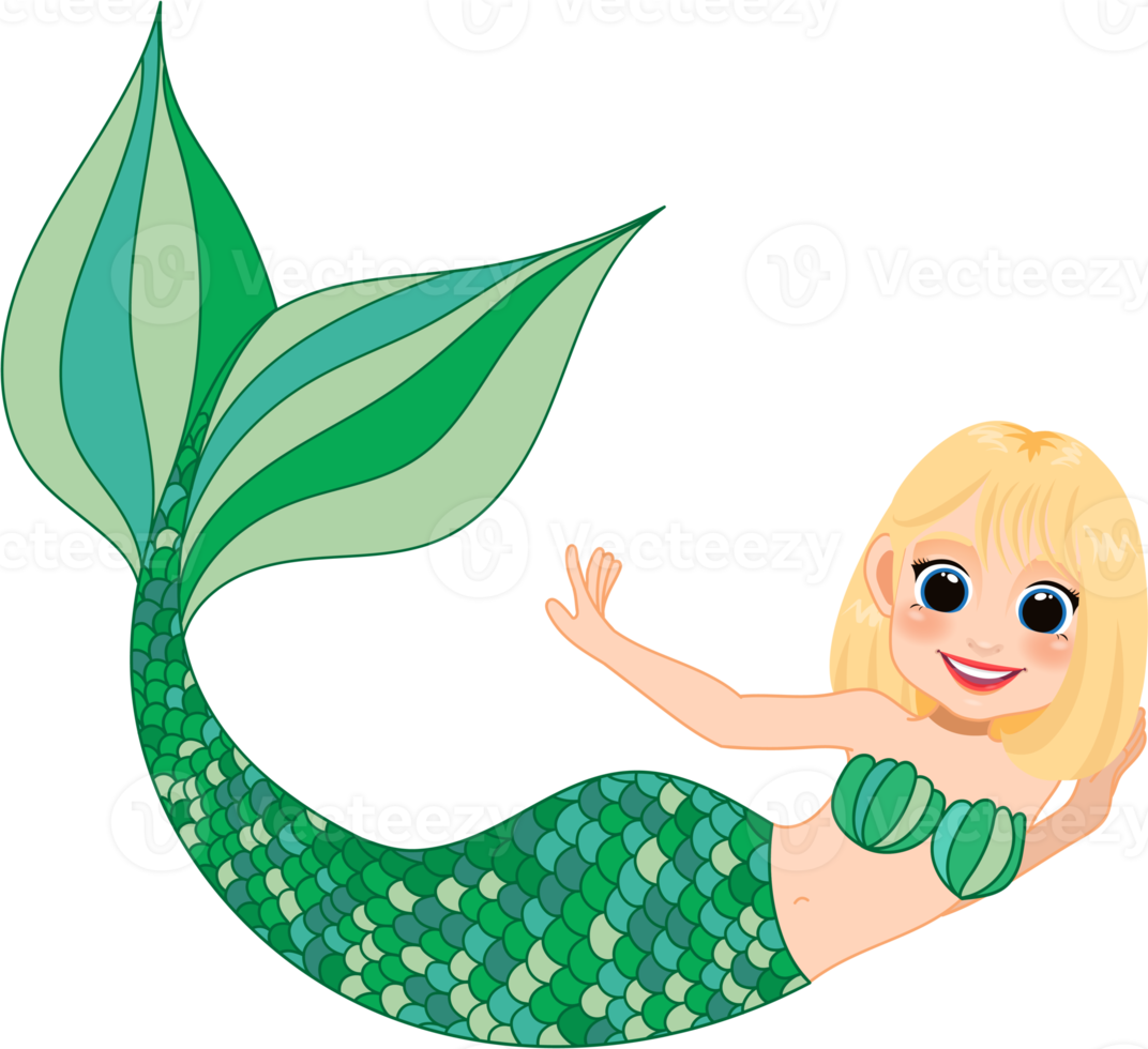 Cartoon character with cute mermaid princess with colorful hair and tail png