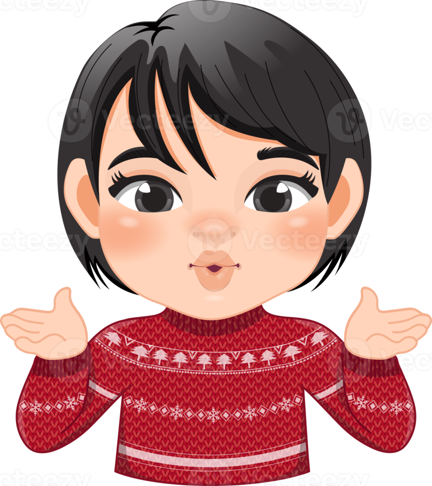 Merry Christmas cartoon design with Excite girl wear a red sweater cartoon png