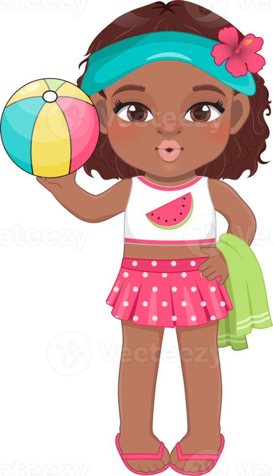 Beach black girl in summer holiday. American African kids holding colorful ball cartoon character design png