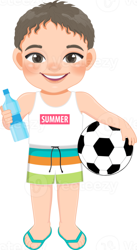 Beach boy in summer holiday. Kids holding football and water bottle cartoon character design png