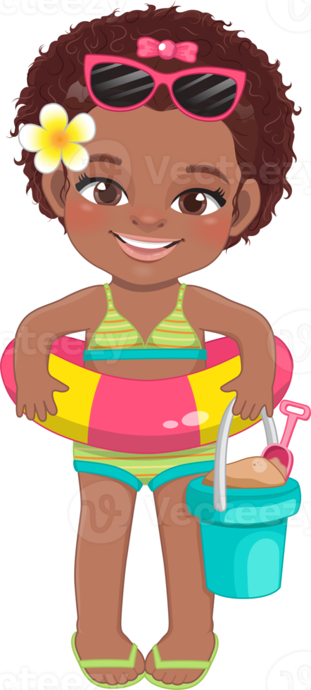 Beach black girl in summer holiday.  American African kids holding rubber ring cartoon character design png