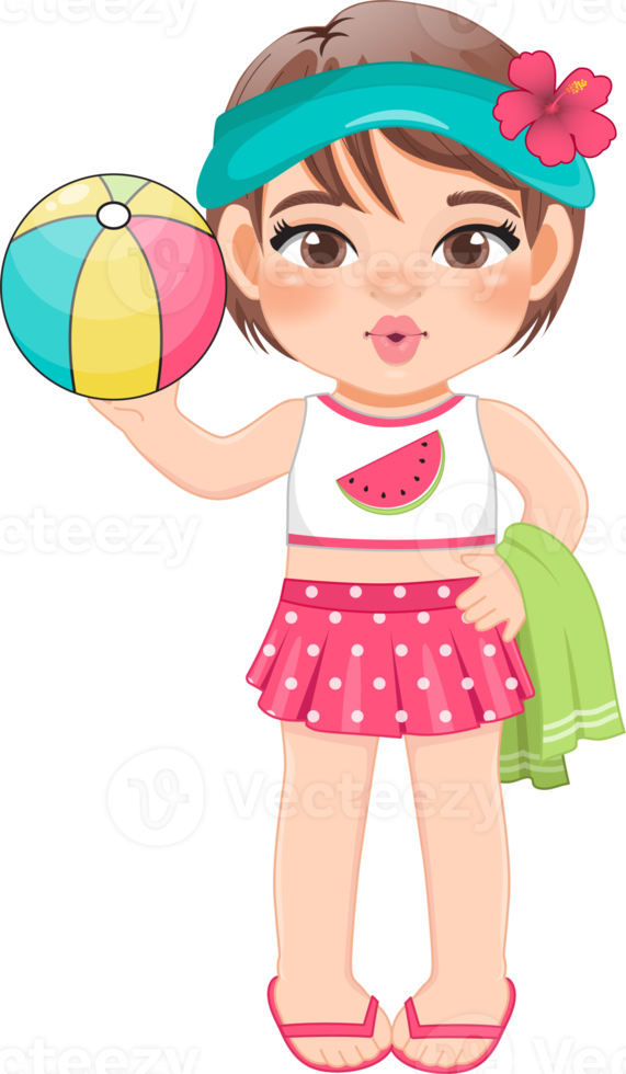 de praia menina dentro verão feriado. criança segurando colorida bola desenho animado personagem Projeto png