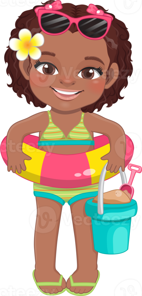 plage noir fille dans été vacances. américain africain des gamins en portant caoutchouc bague dessin animé personnage conception png