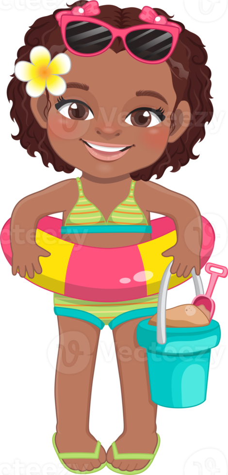 Beach black girl in summer holiday.  American African kids holding rubber ring cartoon character design png