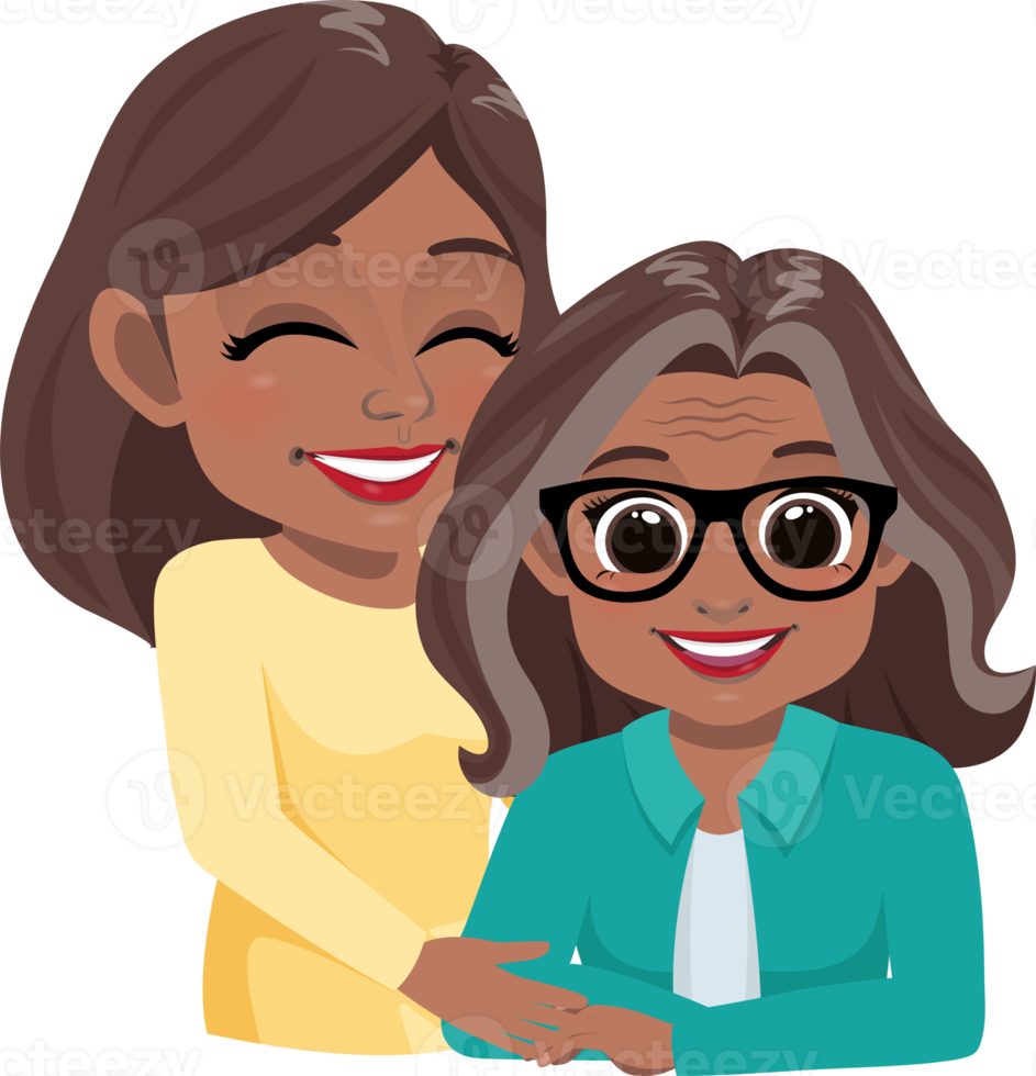 Free Cartoon character with Old American African Mom and daughter embrace.  Mother is day concept 19841323 PNG with Transparent Background