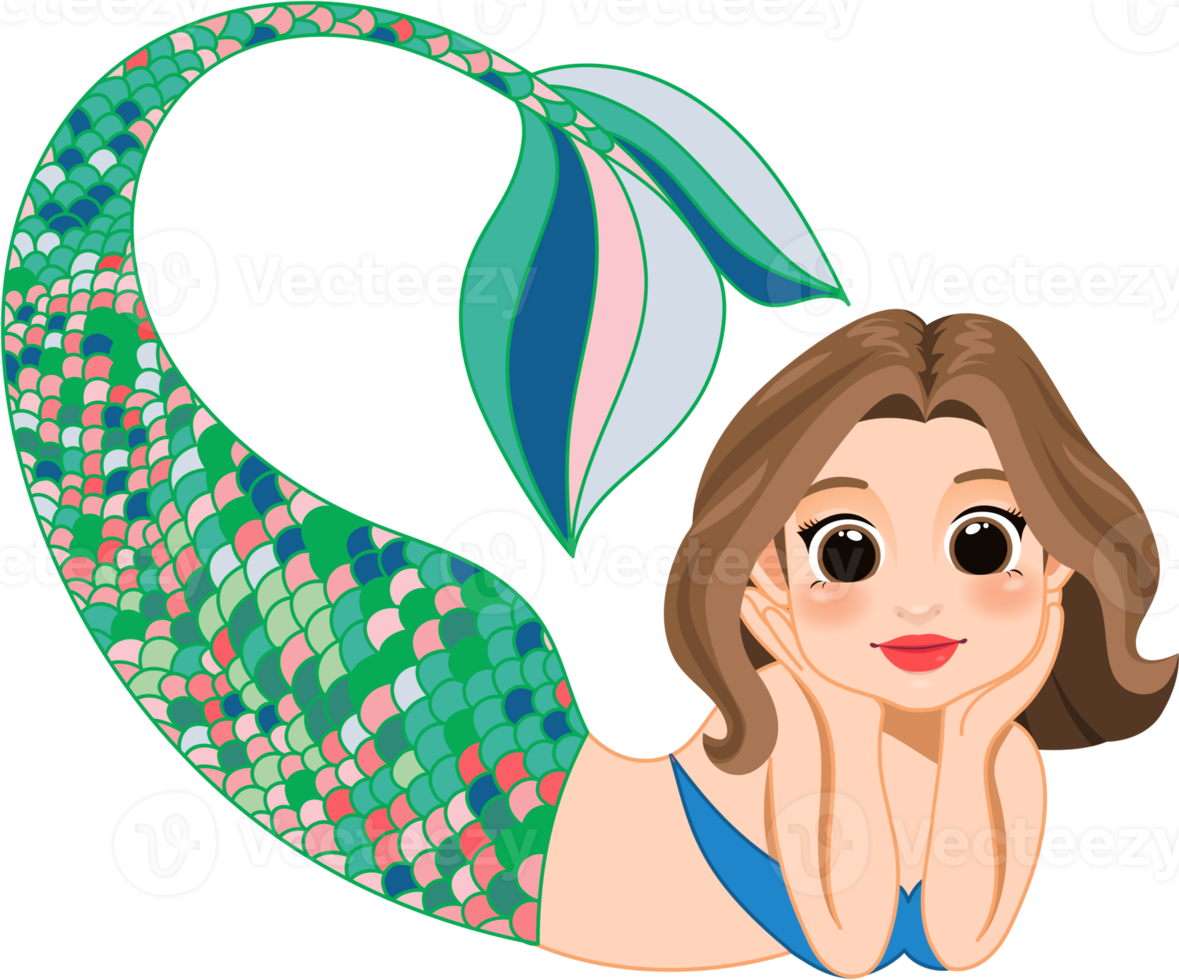 Cartoon character with cute mermaid princess with colorful hair and tail png