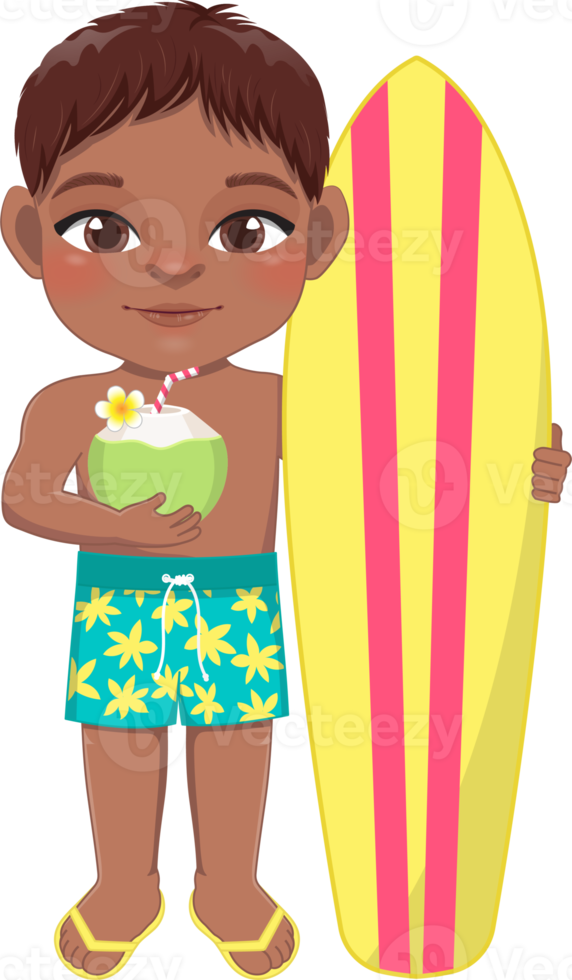 de praia Preto Garoto dentro verão feriado. americano africano crianças segurando prancha de surfe e coco suco desenho animado personagem Projeto png