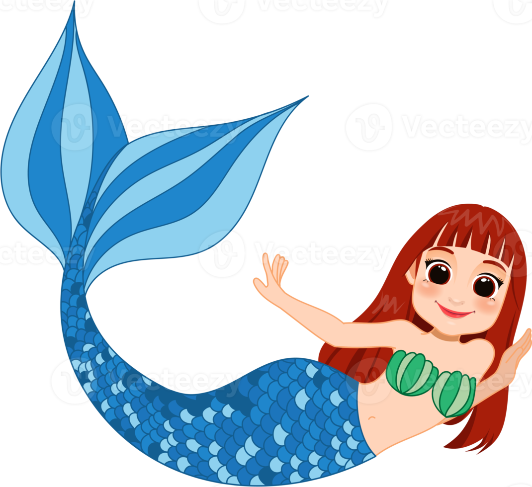 Cartoon character with cute mermaid princess with colorful hair and tail png