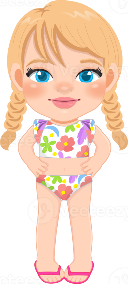 tecknad serie Lycklig liten hårpiska flicka i en sommar baddräkt png