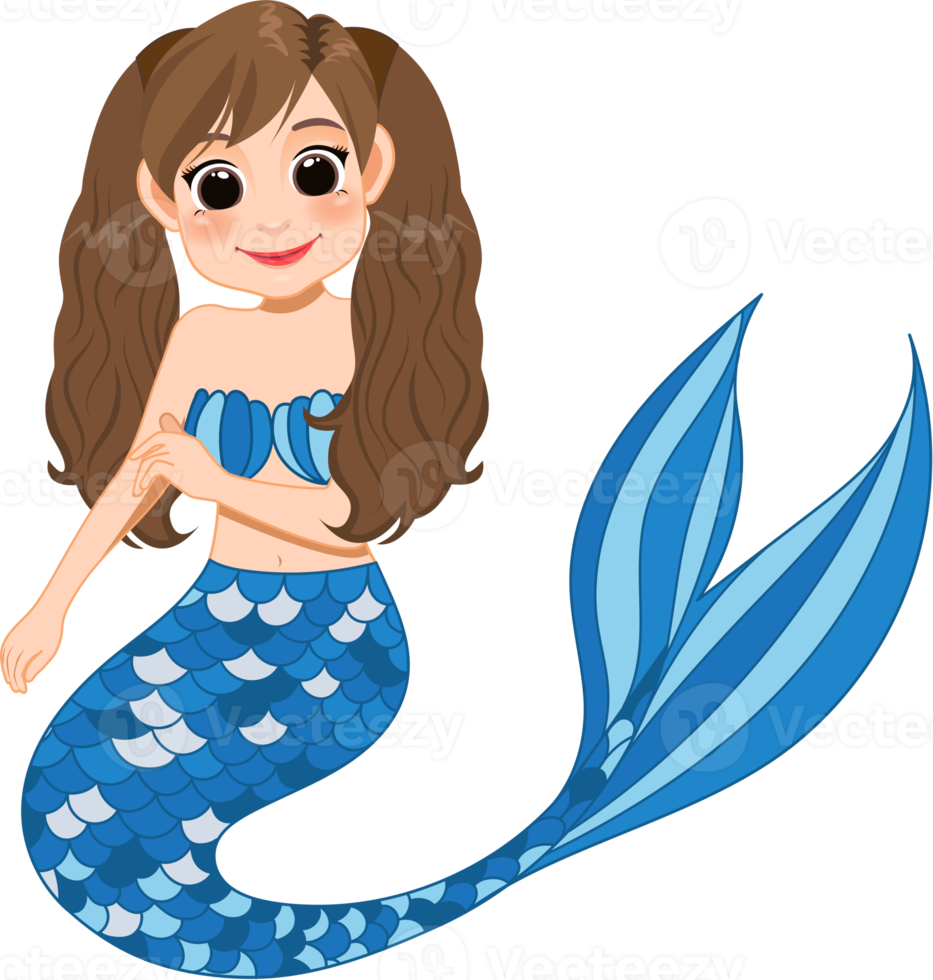 Cartoon character with cute mermaid princess with colorful hair and tail png